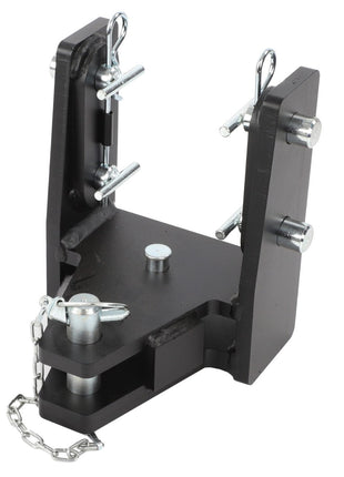 Close-up of the AGCO Trailer Hitch Frame, Drawbar Support - Acp0331840, a heavy-duty metal bracket with pins and a chain, designed for secure attachment, showcasing AGCO Parts linkage components.