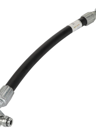 Introducing the AGCO | Hydr. Hose - Acw0555220, a flexible black hydraulic hose from AGCO, featuring durable metal fittings on both ends and an elbow connector at one end.