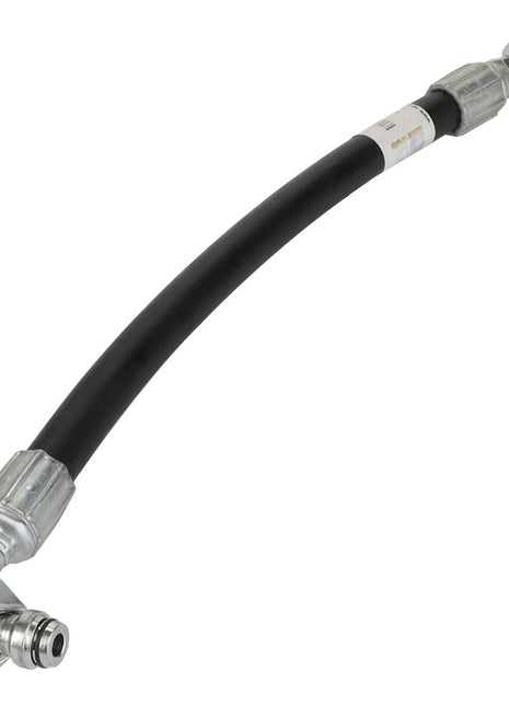 Introducing the AGCO | Hydr. Hose - Acw0555220, a flexible black hydraulic hose from AGCO, featuring durable metal fittings on both ends and an elbow connector at one end.