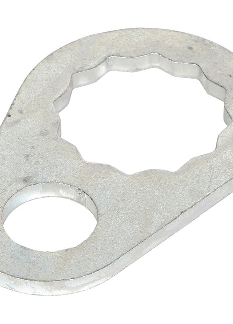 The AGCO | LOCK PLATE - CH202-8633 by AGCO is a metal washer designed with a large teardrop shape, featuring an irregularly shaped central hole and a smaller circular hole at one end, crafted to fit various components seamlessly.
