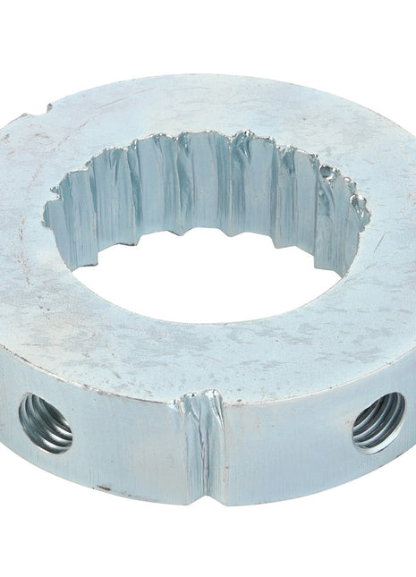 No current product description is available for AGCO | Brake - Acp0149240, but imagine a circular metal ring with jagged, uneven inner edges and two threaded holes on its side.