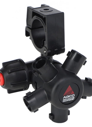 The AGCO Left Hand Body (AG429830) is a black, multi-port valve featuring "AGCO Applications Equipment" branding and red accents. It is designed for fluid control in agricultural machinery. This AGCO Genuine Parts component ensures durability and reliable performance in demanding application equipment parts scenarios.