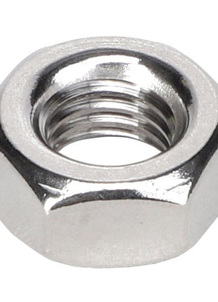 Close-up of an AGCO | NUT - E105155, a metallic hex nut commonly used as a fastening device with a threaded hole in the center.