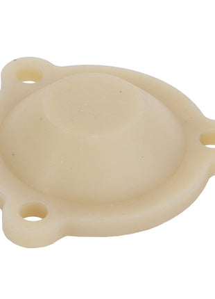 The AGCO | BEARING CAP - ACY1285040 is a beige rubber diaphragm featuring three mounting holes arranged in an evenly spaced triangular pattern. Currently, there is no additional product description available.