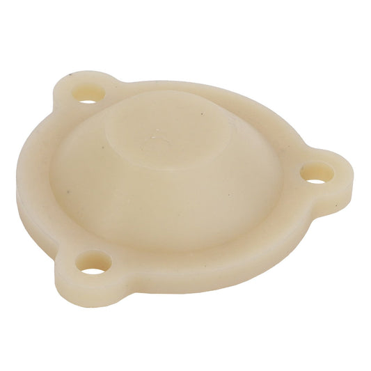 The AGCO | BEARING CAP - ACY1285040 is a beige rubber diaphragm featuring three mounting holes arranged in an evenly spaced triangular pattern. Currently, there is no additional product description available.