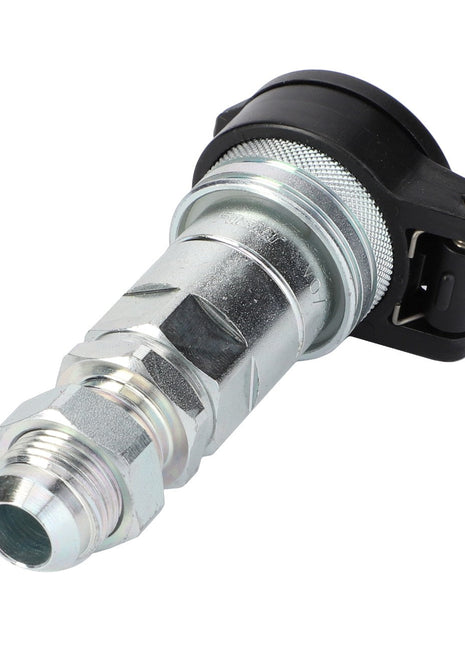 A close-up of the AGCO | QUICKLINE CONNECTOR - V30794520, showcasing its hexagonal metal body and black plastic cap. No current product description information is available.