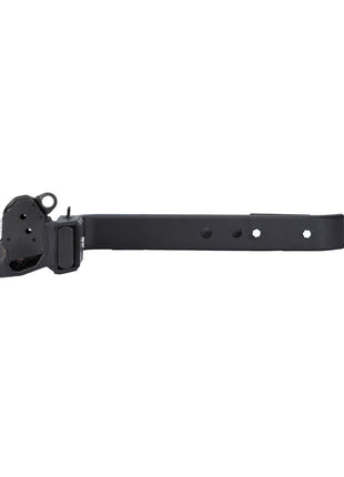 A black metal replacement part from AGCO, the Lower Link Arm, Hook End, Right Hand (Acp0327900), featuring a lever-like design with a quick-release latched hook end and multiple holes along its body.