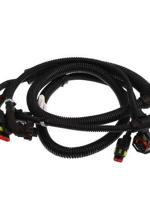 No product description is available for the AGCO Harness - Acw0201210, a coiled automotive electrical wiring harness with connectors on either end.