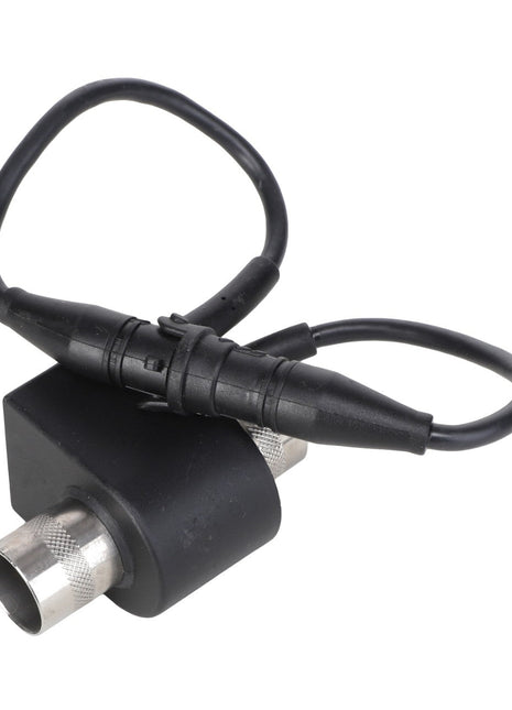 A black AGCO Population Sensor (Acp0000260) with a metal connector and an attached cable looped around, featuring black plastic connectors. No current product description available for this product.