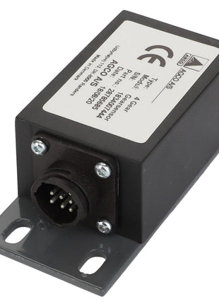 The AGCO SENSOR - D28785685 is a black electronic device equipped with a multi-pin connector, metal mounting bracket, and a white label displaying specifications and certification marks. No additional product description information is available at this time.