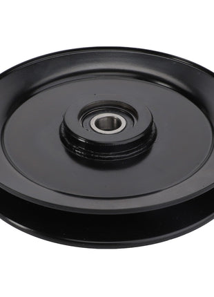 The AGCO Tensioner Pulley (ACY1560420) is a black metal pulley featuring a central bearing, specifically designed for mechanical belt systems. No current product description information is available.