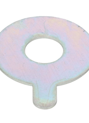 The AGCO Taper Washer - Acx2679320, a flat circular metal washer with a small protruding tab at the bottom and a central hole, is available.