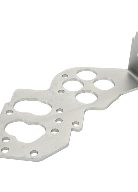 The AGCO Bracket - Acp0298210, available under the AGCO brand, does not have a current product description. This silver metal bracket features multiple circular and oval cutouts, along with a right-angle bend on one end.