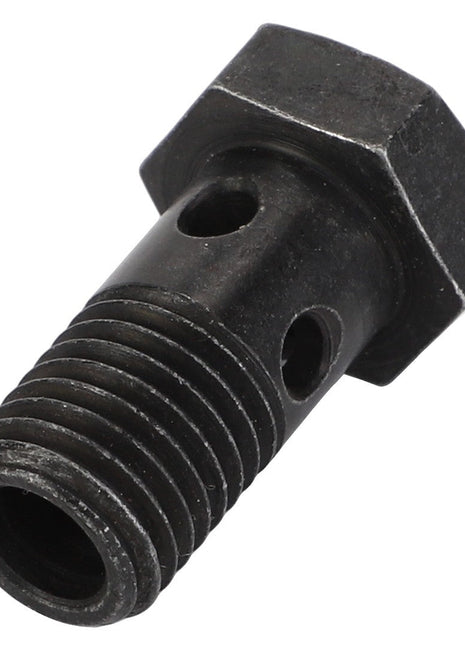 No current product description available for the AGCO Banjo Bolt - F530200050210, which is a metal component with a hexagonal head and threaded shank featuring multiple holes.