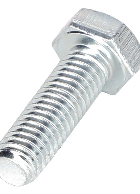 A close-up image of the AGCO | HEXAGONAL HEAD BOLT - 0901-20-68-00, a shiny, silver-colored hex bolt featuring a threaded shank and a hexagonal head from the renowned brand AGCO.