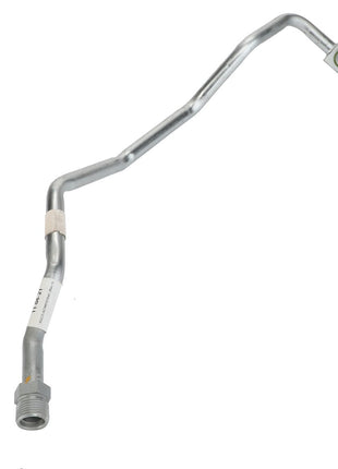 Product Description: The AGCO | Tube - Acw015154C by AGCO is a silver, metal hydraulic line featuring several bends, a threaded connector at one end, and a square bracket with a hole at the other.