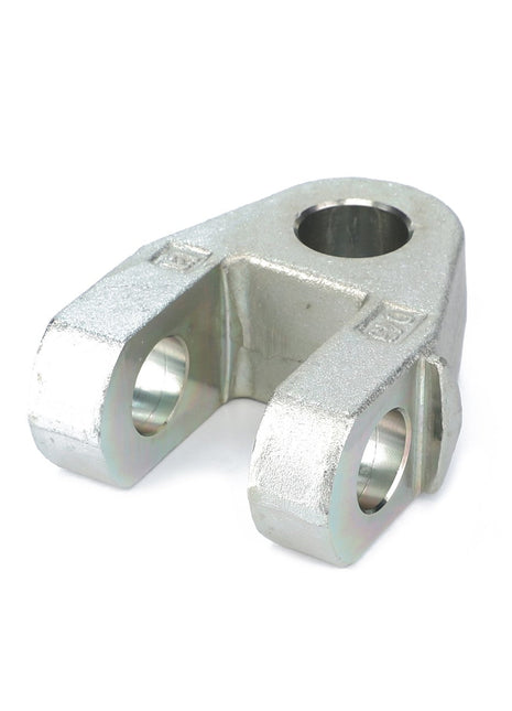 An image of a metallic U-shaped mechanical component, identified as the AGCO | Clevis, Arm - F931870050010 from AGCO, featuring a central hole and two smaller side holes, commonly utilized as hitch linkage components in AGCO Parts assemblies.