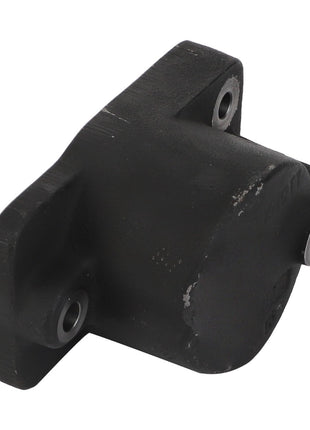 A sleek black metal AGCO component, the Cylinder, Top Complete - F716150070050, features four well-placed bolt holes and a prominent protruding cylindrical section.