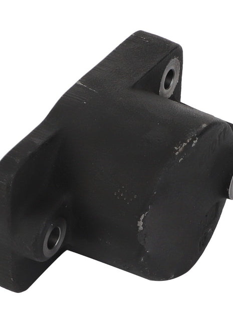 A sleek black metal AGCO component, the Cylinder, Top Complete - F716150070050, features four well-placed bolt holes and a prominent protruding cylindrical section.