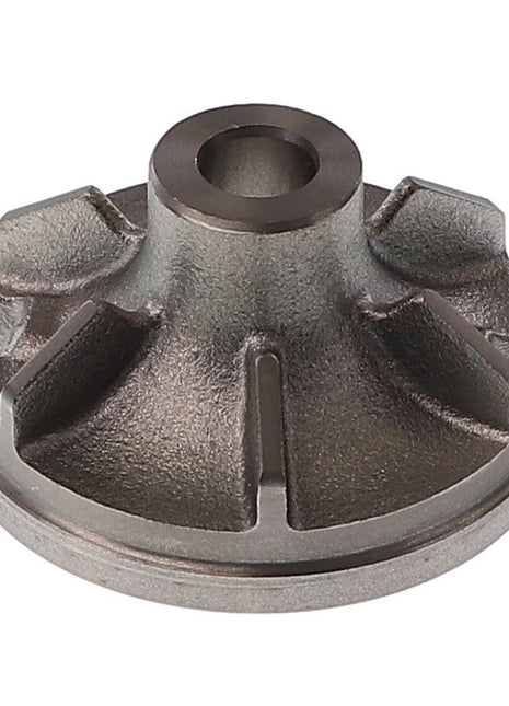 A close-up of the AGCO Water Pump Impeller - V836120933, featuring a central hole and multiple curved fins extending outward.