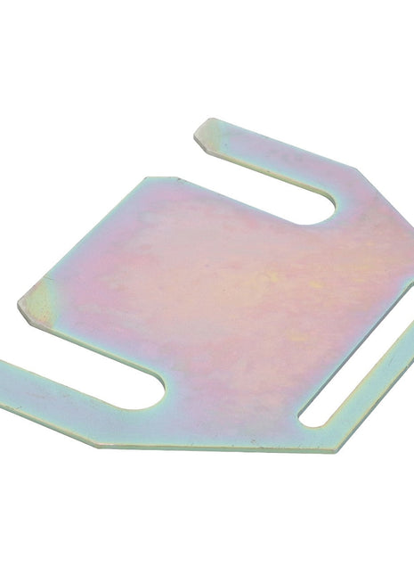 A metal fastener, the AGCO Shim - Acx0095290, features two protruding prongs on one end and a slotted opening on the other, commonly used for securing parts in mechanical or construction applications.