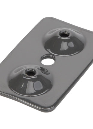 A rectangular grey metal plate named AGCO Bracket - Acx235011A by the brand AGCO, with two raised circular indentations each featuring a central hole, plus an additional hole in the middle.