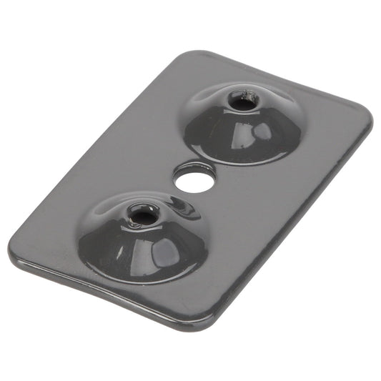A rectangular grey metal plate named AGCO Bracket - Acx235011A by the brand AGCO, with two raised circular indentations each featuring a central hole, plus an additional hole in the middle.