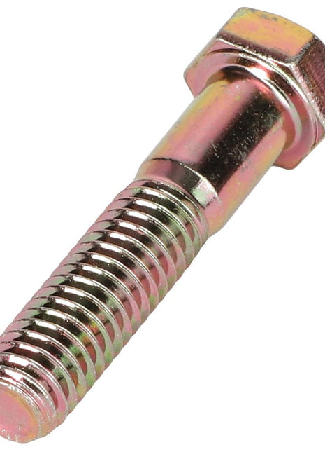 A detailed close-up of the AGCO HEXAGONAL HEAD BOLT - AG558869, showcasing its metallic finish, partially threaded shank, and hexagonal head.