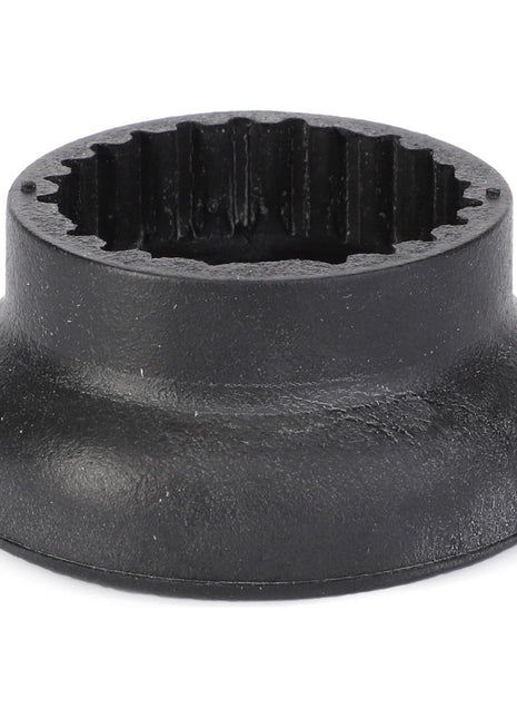 Close-up of the AGCO Bellow for Front Axle Guard & Transmission (3714575M1), showcasing its black metal socket with a ridged interior and tapered exterior, commonly used in automotive or mechanical applications, especially in the maintenance of Valtra or Massey Ferguson equipment.