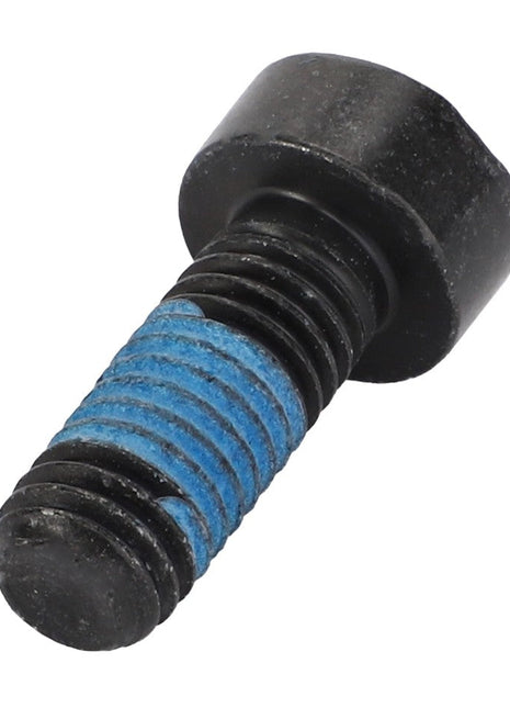 Close-up image of a black AGCO Socket Head Setscrew - Acw0996470 with a hexagonal head. The setscrew, featuring blue thread-locking adhesive on the threads, has no current product description information available.