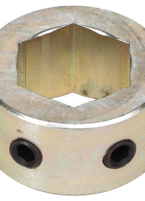 AGCO | LOCK COLLAR - BD0917 is a metallic cylindrical tool fitting with a hexagonal inner shape, featuring two precise hexagonal socket screws on its side for optimal grip.