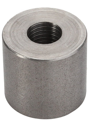 The AGCO Spacer Piece - V836119296 is a cylindrical metal spacer featuring a hollow threaded center hole, ideal for use in machinery or structural applications.