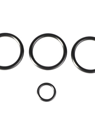 The AGCO | Seals Kit - Acp0361250 consists of four black circular O-rings in varying sizes arranged in a triangular formation, with three larger rings positioned on top and one smaller ring centered below.
