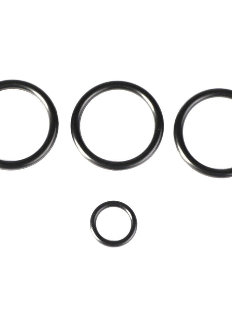 The AGCO | Seals Kit - Acp0361250 consists of four black circular O-rings in varying sizes arranged in a triangular formation, with three larger rings positioned on top and one smaller ring centered below.