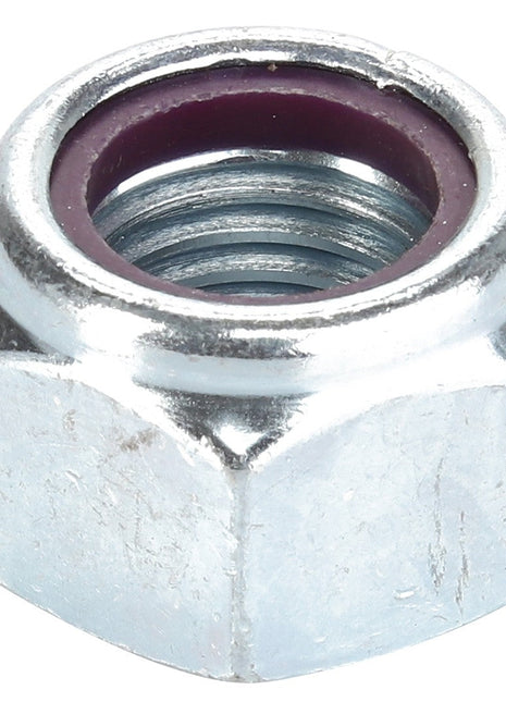 Close-up of the AGCO Locknut - Acp0021790 featuring an internal purple nylon ring. The metallic, six-sided piece stands out, though no detailed product description is available at the moment.