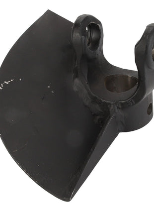 The AGCO YOKE - D28850833 is a black metal agricultural implement part that features a curved blade and a mounting bracket with two screw holes. No current product description information is available.