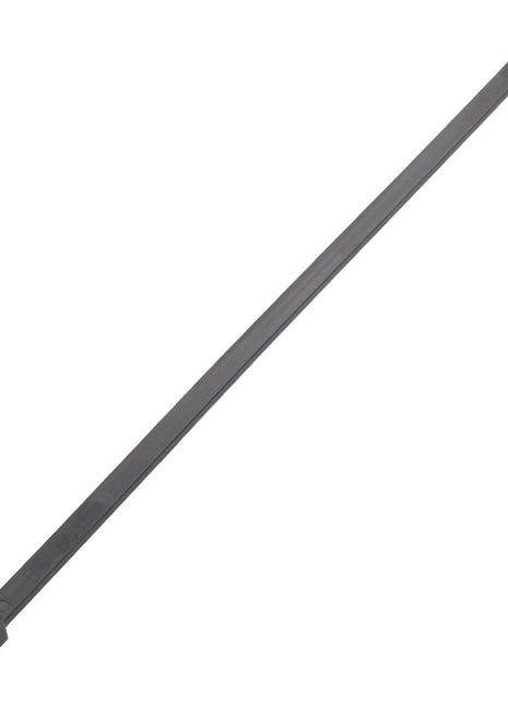 Introducing the *AGCO | CABLE TIE - AG553557* from AGCO, a black plastic zip tie featuring a rectangular locking head at one end and serrated edges along its length for securely fastening items.