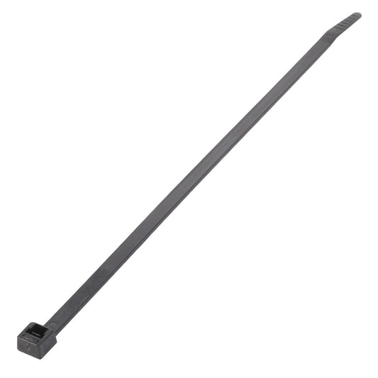 Introducing the *AGCO | CABLE TIE - AG553557* from AGCO, a black plastic zip tie featuring a rectangular locking head at one end and serrated edges along its length for securely fastening items.