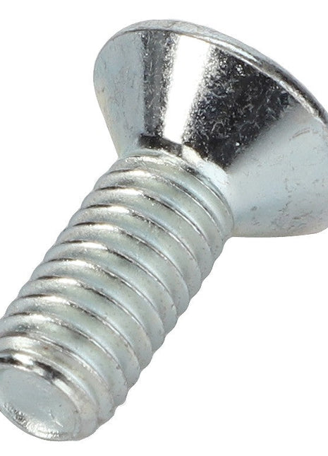 Close-up of the AGCO COUNTERSUNK CAPSCREW - 0902-60-33-00, a shiny, metal flat-head screw with a threaded shaft and slotted drive, showcasing its precision engineering.