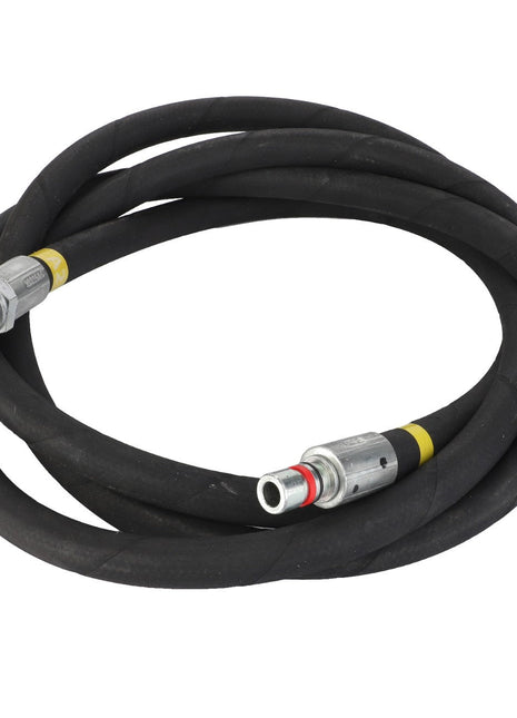 Introducing the AGCO | HOSE - AL9032514: a black, coiled hydraulic hose with metal connectors at both ends.