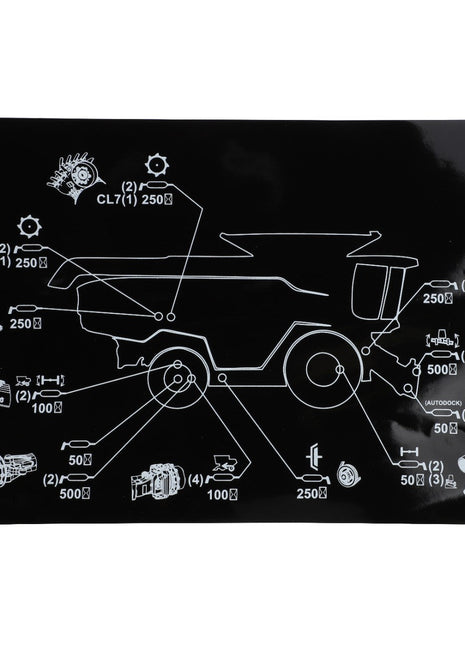 A diagram illustrating various mechanical parts and their positions on heavy machinery, outlined in white on a black background. No current product description is available for the AGCO | Decal, Grease - Acw7088480 schematic.