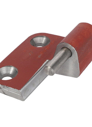 AGCO Hinge, Door, Left, Lower/Male - 3476147M91 for Fendt Models with two mounting holes and a cylindrical pivot in a silver and red finish.