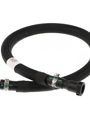 The AGCO | Fuel Hose - Acw0518140, a black braided flexible hose from the brand AGCO, comes with angled and straight connectors on both ends, includes clamps, and features a white label. Currently, there is no product description information available.