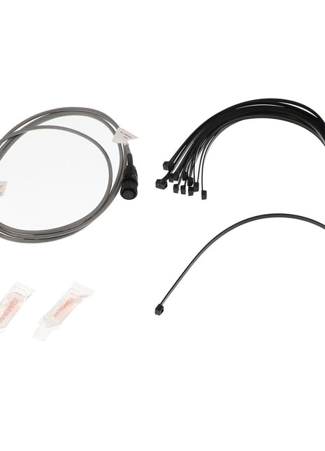 Assorted electrical components including an AGCO | DATA CABLE - AG123946, multiple black zip ties, one long black cable tie, and two small packaged items, all displayed on a white background.