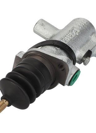 The AGCO Clutch Master Cylinder - Acw015654A from AGCO is a metal hydraulic cylinder featuring a threaded rod end, black rubber boot, and two green-capped ports. No current product description available.