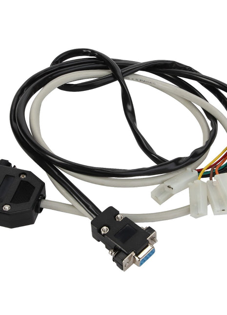 The AGCO Cable - 6210853M91 is a coiled black and white multi-connector cable that features two DB9 connectors and several white pin connectors on the other end.