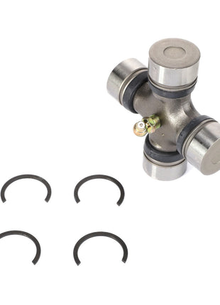 Image of the AGCO | SPIDER - EAI375 universal joint with a grease fitting and four retaining clips, used in vehicles to allow for rotation while transmitting torque. No current product description information is available.