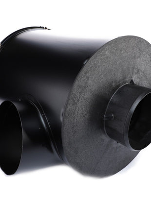 The AGCO | CLEANER - AG122214 is a black metal industrial ductwork component featuring a cylindrical shape with two connecting openings and a widened base, designed to integrate seamlessly with AGCO Genuine Air Filters to enhance engine filtration and reduce environmental contaminants.