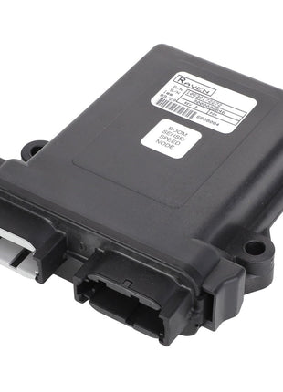 A sleek, black electronic device known as the "AGCO | CONTROL NODE - AG126233" features connectors on one side and a top label embellished with text and barcodes, meticulously designed for integration by AGCO.