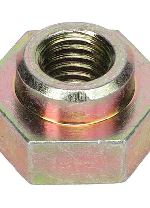 Close-up image of an AGCO Collar Nut - Acp0086640, a hexagonal metal component with a threaded interior, displaying a slight yellowish tint on the surface.